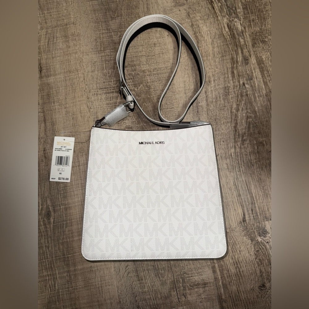 NWT Michael Kors Jet Set Medium Swing Pack Webbed Crossbody Strap color Aluminum - Picture 1 of 6